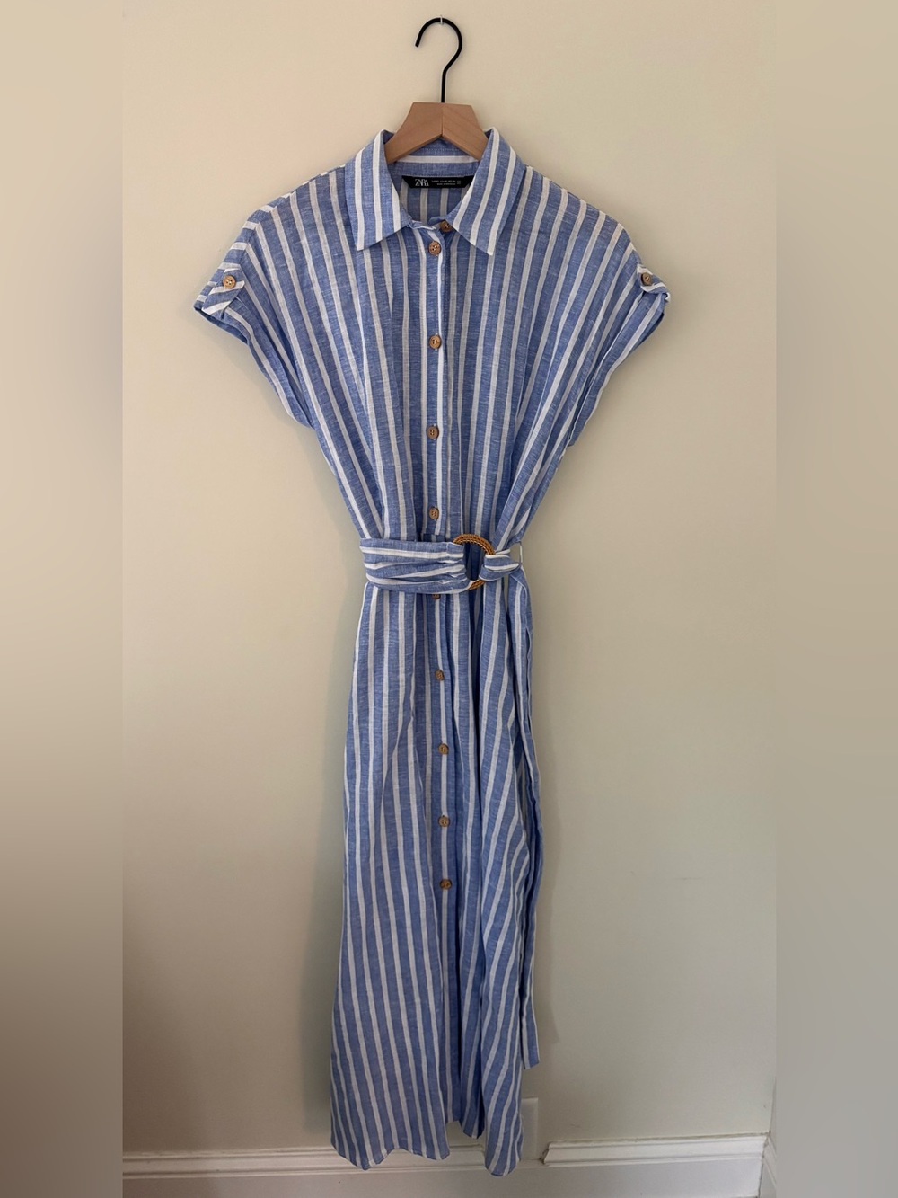 Zara Blue & White Striped Maxi Dress with Belt